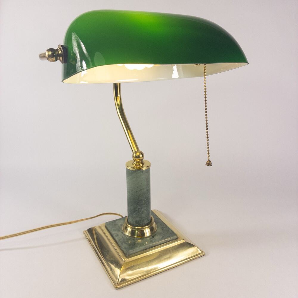 Vintage Bankers Desk Lawyer Lamp Brass Green Shade Glass Marble Base Pull Chain